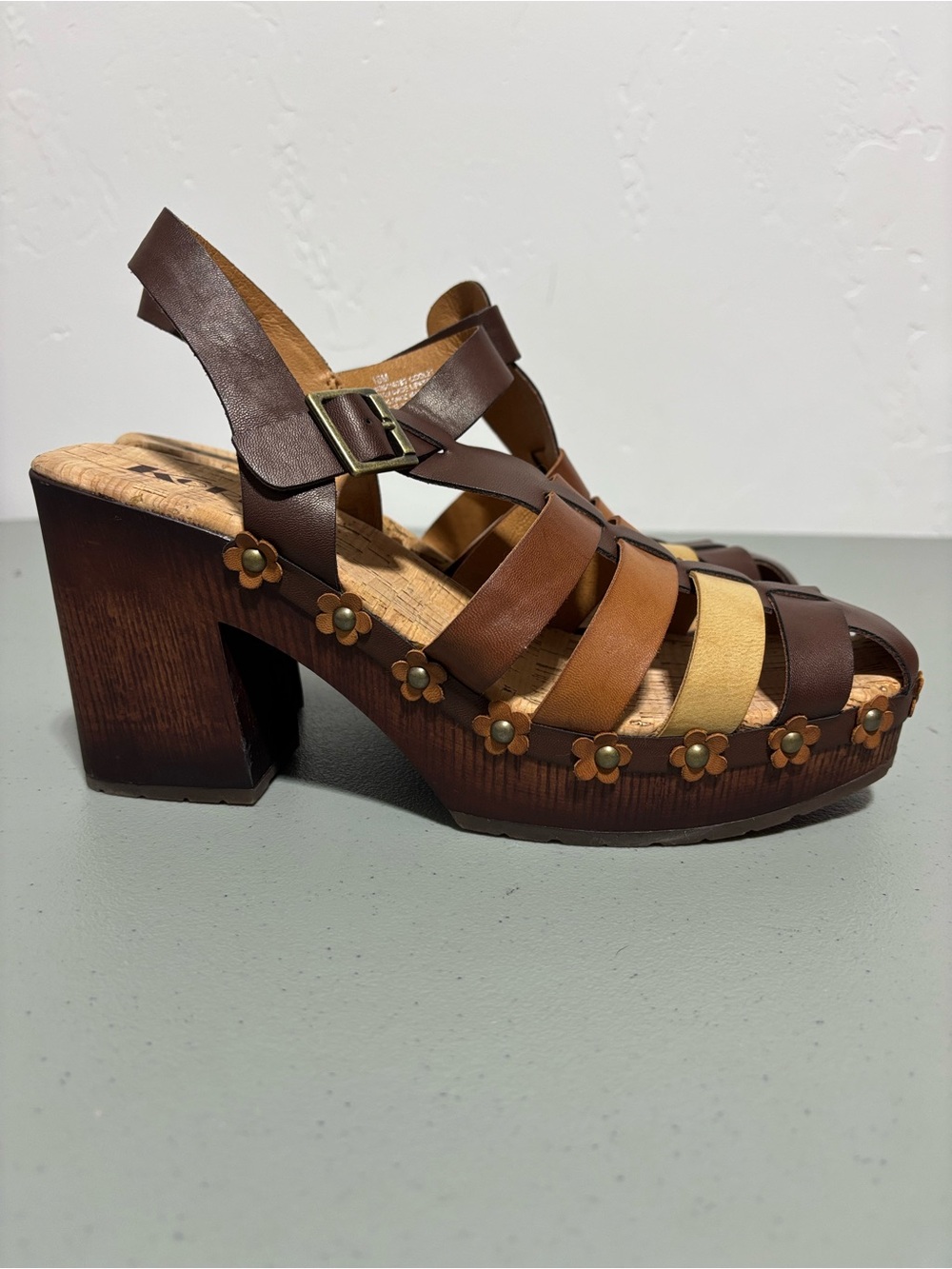 Korks Chunky Y2K Style Sandals Block Heel Multi Tone Brown Hippie 10M Floral